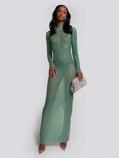 Audrey Long Sleeve Stone Embellished Sheer Maxi Dress