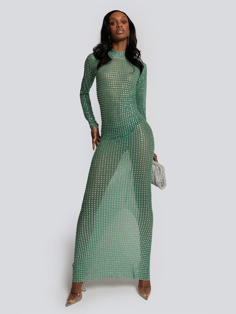 Audrey Long Sleeve Stone Embellished Sheer Maxi Dress - Glory Connection