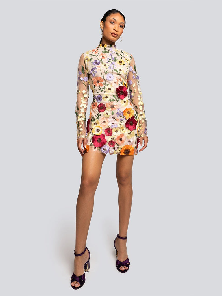 Avery Sheer Floral Embroidered Open Back Mini Dress - Glory Connection