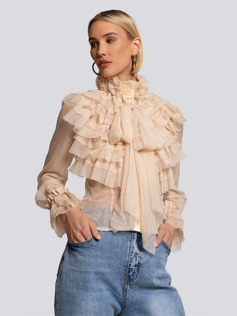 Bethany Floral Applique Sheer Ruffle Blouse - Glory Connection