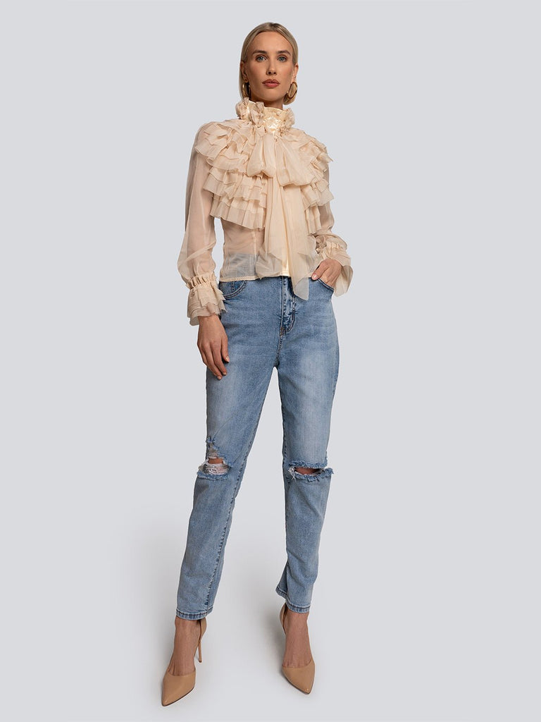 Bethany Floral Applique Sheer Ruffle Blouse - Glory Connection