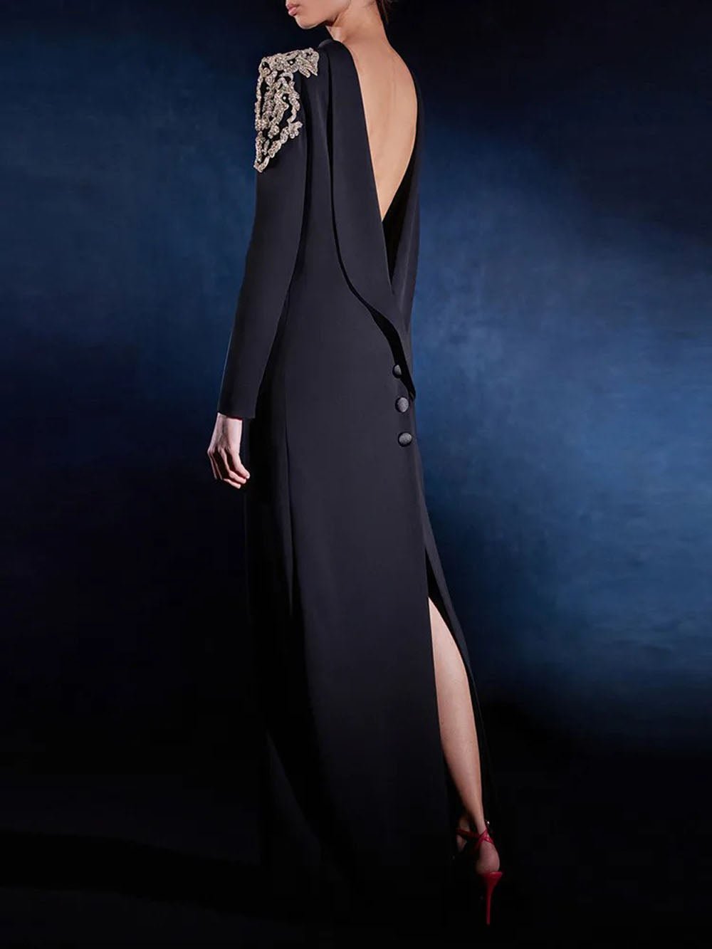 black beaded backless dress black backless formal dress Primavera Couture 3907 Long Beaded Lace Backless Prom Dress V neck formal Evening Gown 2 / Royal Blue