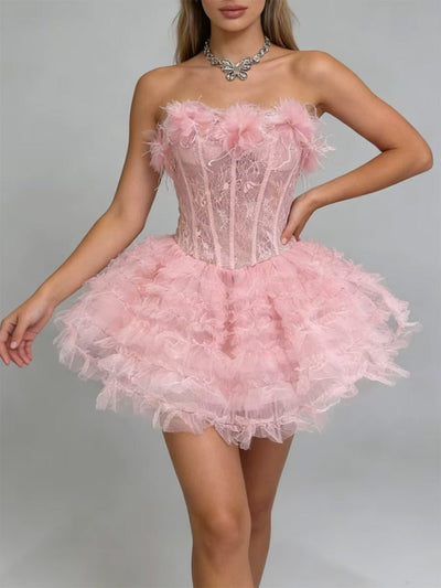 Bianca Strapless Lace Tulle Mini Dress