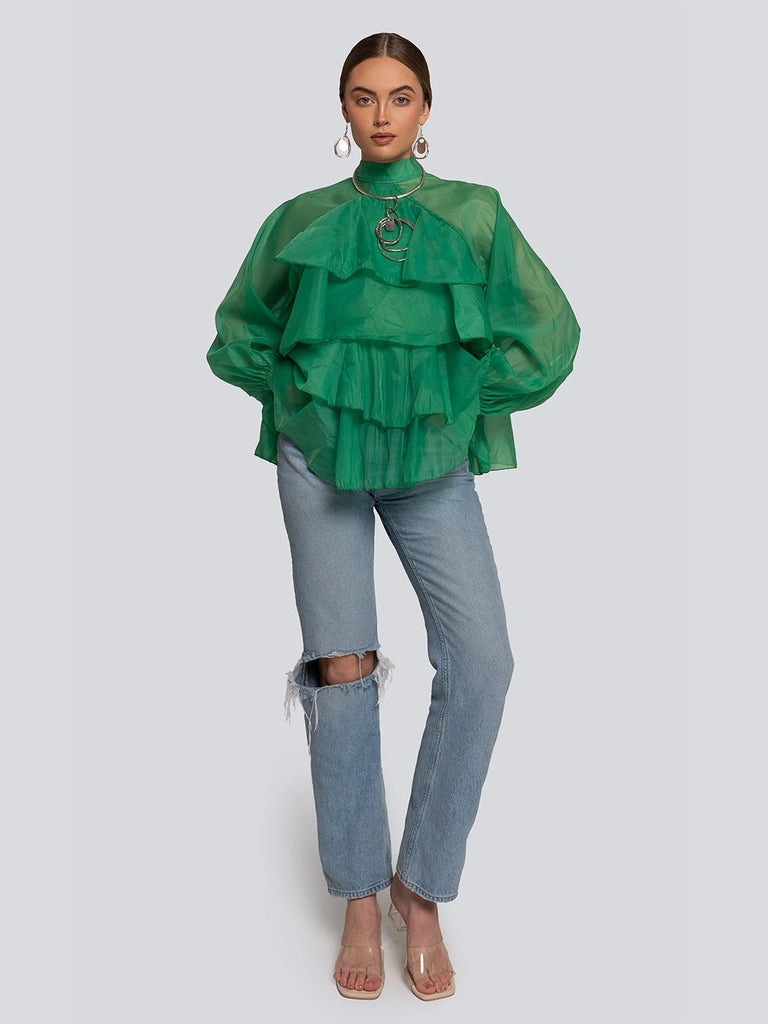 Brandy Cascade Ruffle High Neck Bow Detail Blouse - Glory Connection