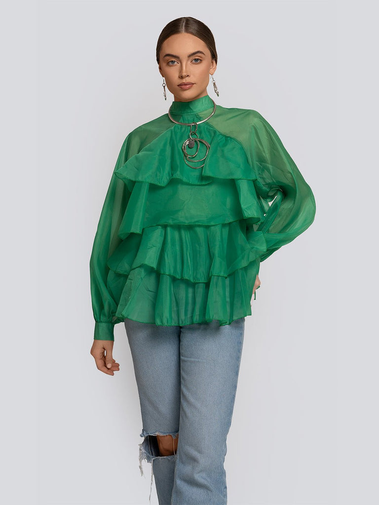Brandy Cascade Ruffle High Neck Bow Detail Blouse - Glory Connection