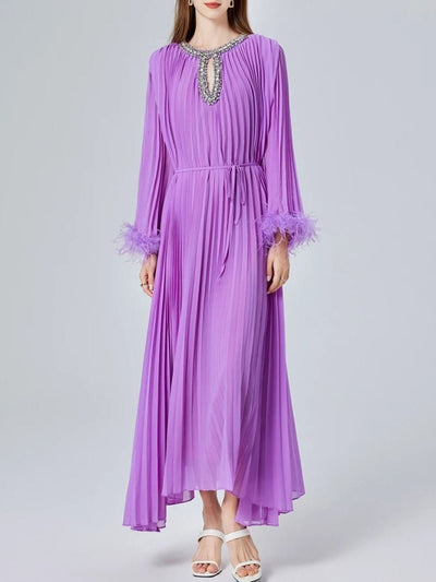 Brielle Feathers Pleated Beaded Midi Dress