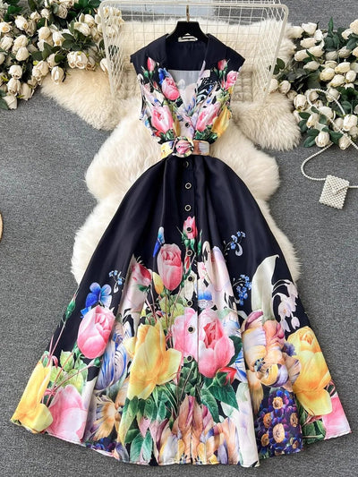 Brigitte Single-Breasted Floral Belt Midi Dress