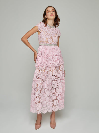 Calliope Short-Sleeve Beaded Lace Midi Dress