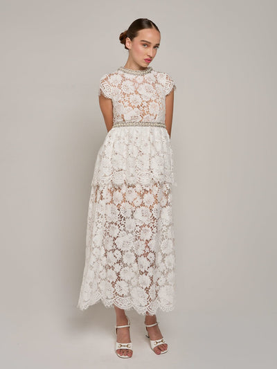 Calliope Short-Sleeve Beaded Lace Midi Dress in White