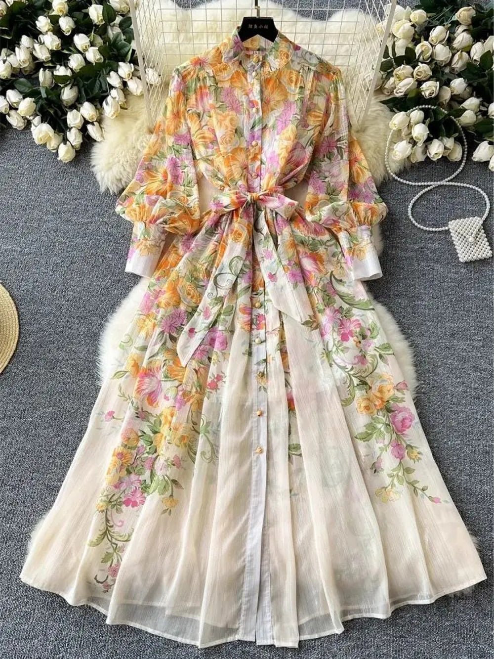 Conner Gorgeous Flower Midi Dress, Yellow / XL