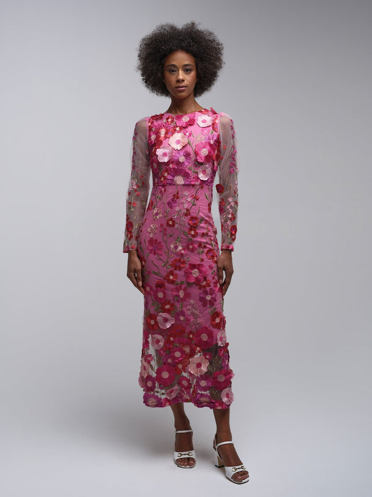 Dahlia Lace Floral Mesh Midi Dress - Glory Connection