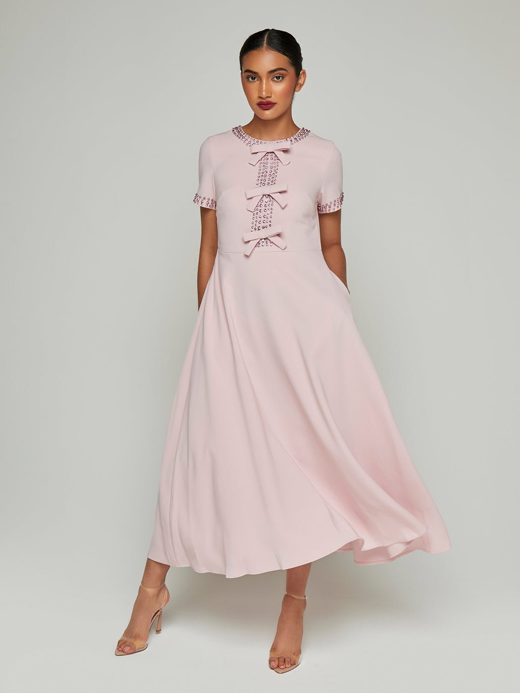 bowknot midi dress Lovely Bowknot Sleeveless Paneled Flare Midi Dress in Pink for Cocktail Parties & Afternoon Tea Pink XS
