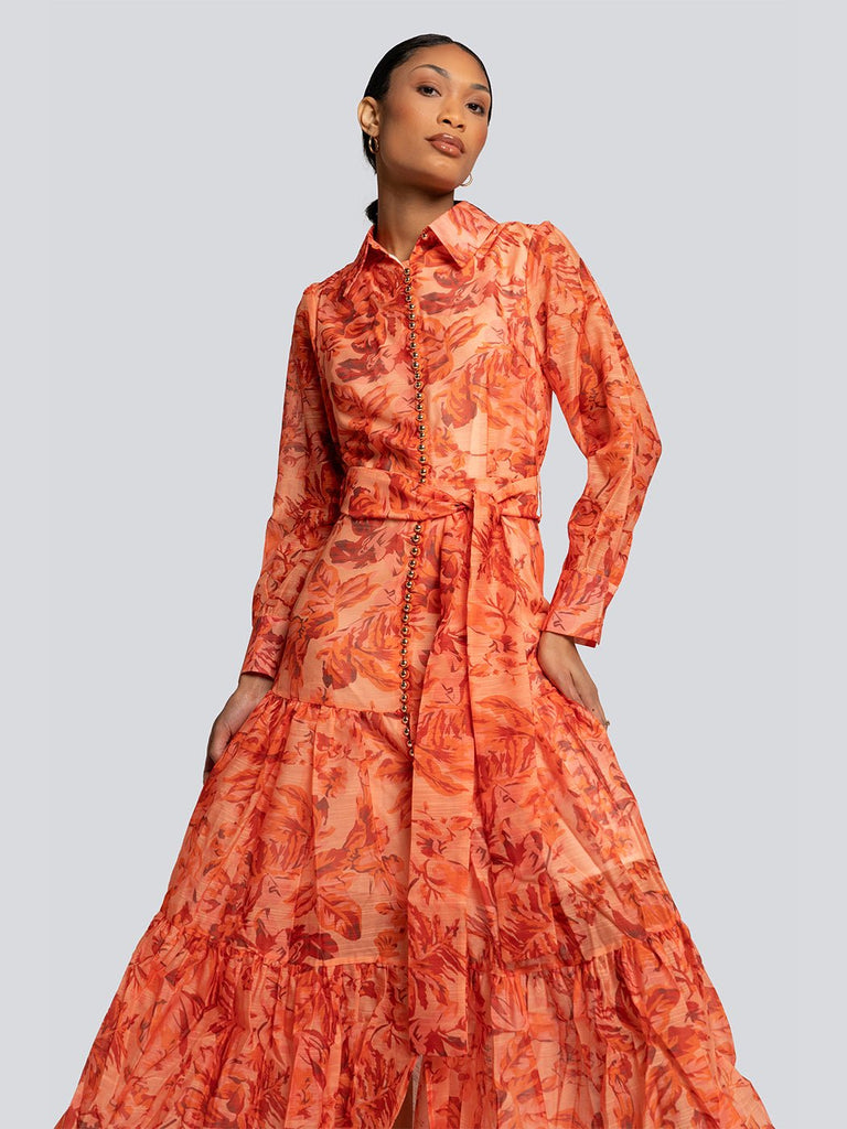Delilah Printed High Collar Buttoned Midi Dress - Glory Connection