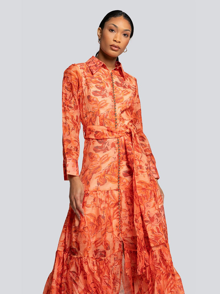 Delilah Printed High Collar Buttoned Midi Dress - Glory Connection