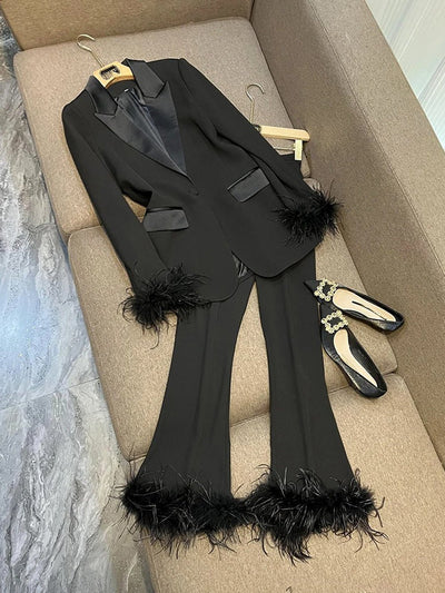 Dezire Feather-Trim Satin Blazer & Pant Set