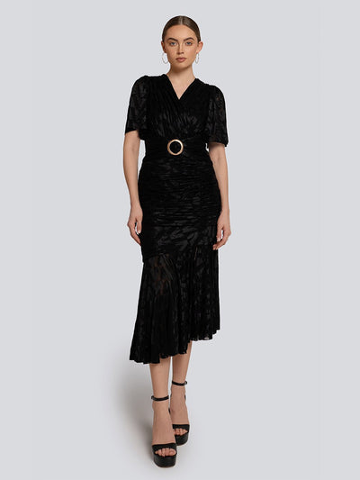 Diana Velvet Geometric Belted V-Neck Midi Dress