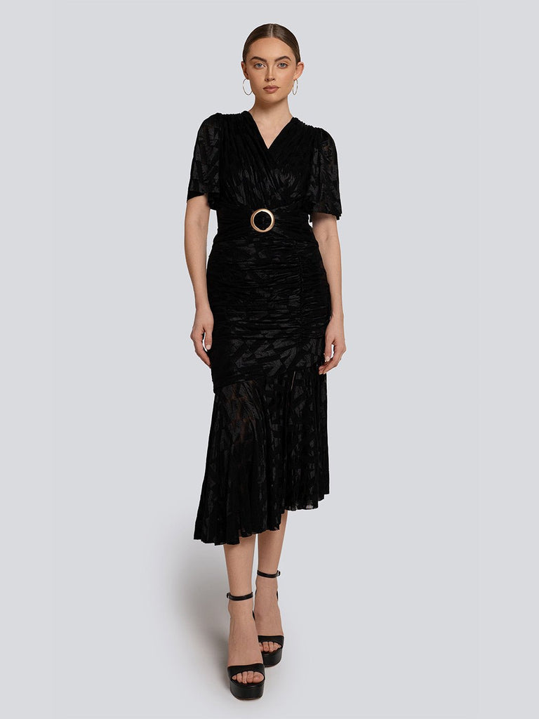 Diana Velvet Geometric Belted V Neck Maxi Dress - Glory Connection