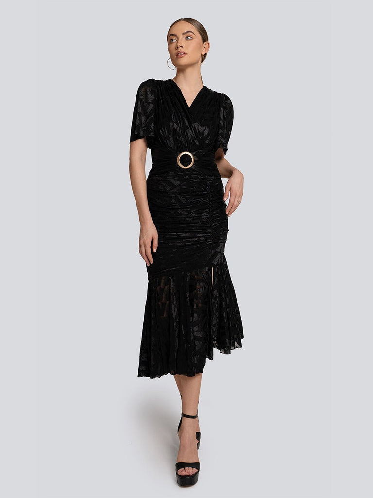 Diana Velvet Geometric Belted V Neck Maxi Dress - Glory Connection