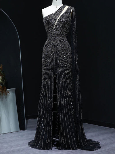 Elena One Shoulder Beaded Evening Gown