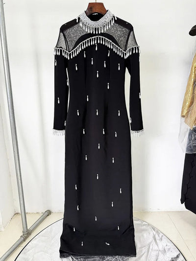 Elise Beaded Off-Shoulder Mesh Maxi Dress