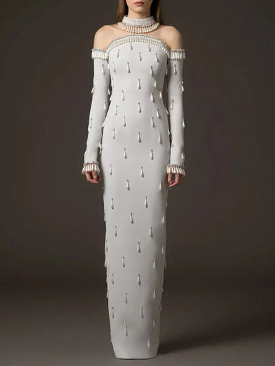 Elise Beaded Off-Shoulder Mesh Maxi Dress
