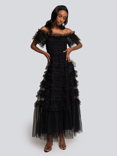 Erika Polka Dot Tulle Tiered Off-Shoulder Maxi Dress