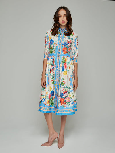 Florelina Lapeled Collar Print Midi Dress