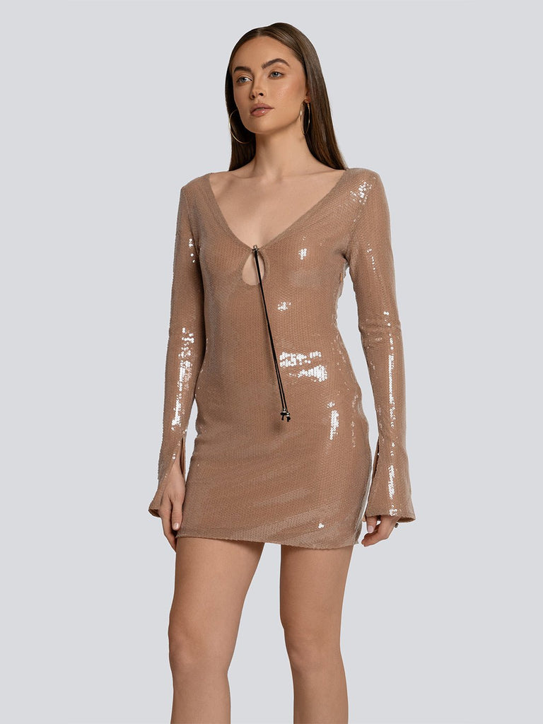 Gloria Shimmer Plunge Sequin Long Sleeve Mini Dress - Glory Connection