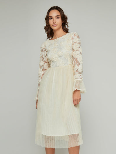 Gracia Lace Mesh Pleated Midi Dress