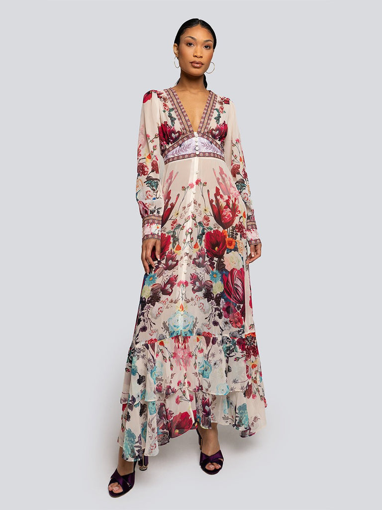 Hazel Floral Deep V Long Sleeve Tiered Maxi Dress - Glory Connection