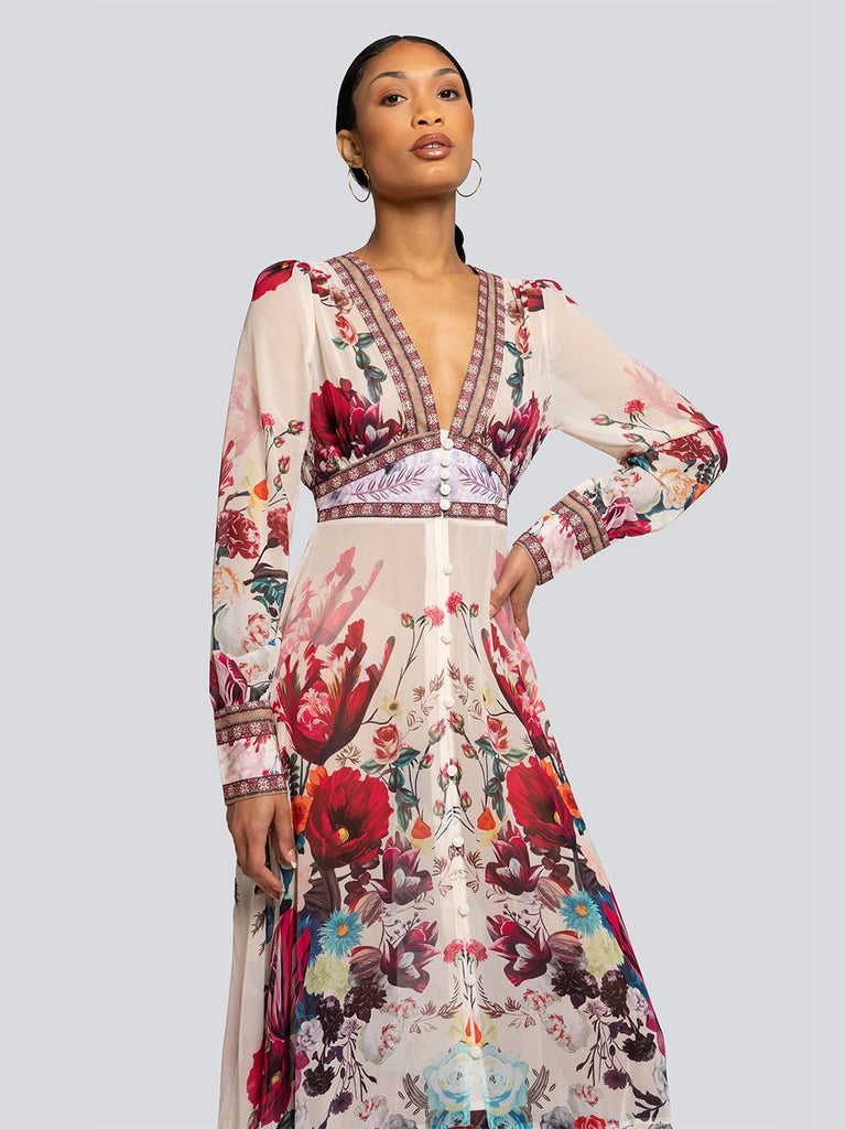 Hazel Floral Deep V Long Sleeve Tiered Maxi Dress - Glory Connection