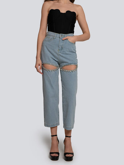 Heidi Stone Embellished Cutout High Rise Straight Leg Jeans