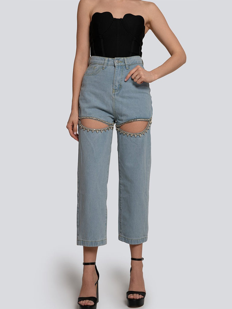 Heidi Stone Embellished Cutout High Rise Straight Leg Jeans - Glory Connection