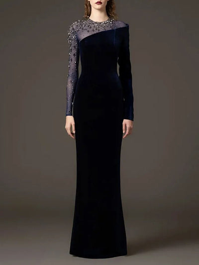 Isabella Beaded Mesh Velvet Maxi Dress