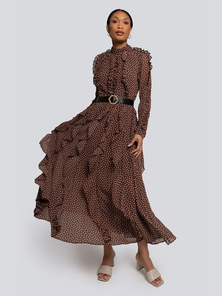 Ivy High Neck Polka Dot Ruffle Maxi Dress - Glory Connection