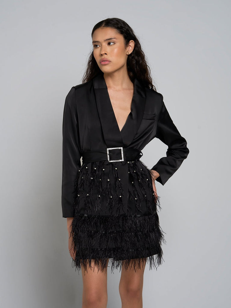 Jacqueline Belted Feathered Mini Dress - Glory Connection
