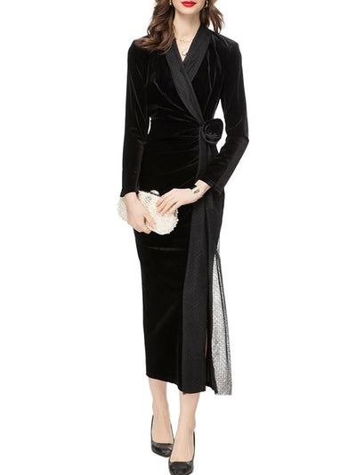 Jewel Slit Slim Velvet Midi Dress