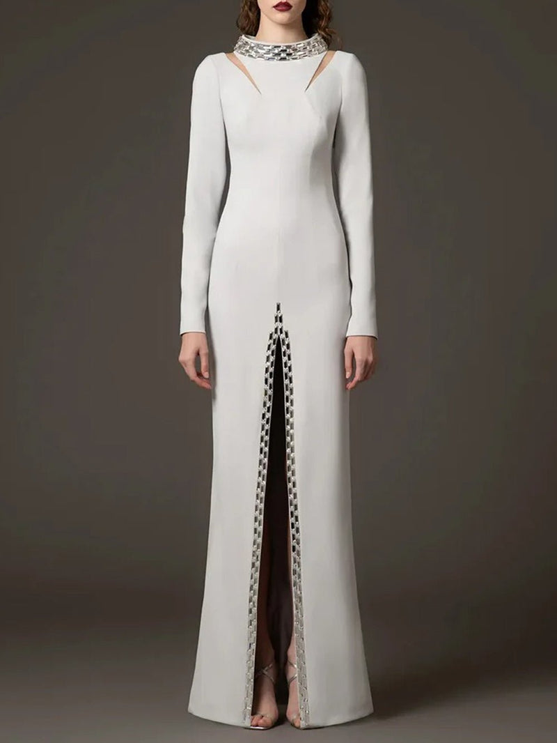 Kali Beaded Diamond Maxi Dress, White / XS
