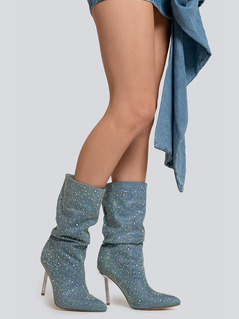 Kayla Rhinestone Embellished Stiletto Denim Mid Calf Boots - Glory Connection