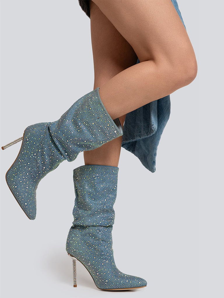 Kayla Rhinestone Embellished Stiletto Denim Mid Calf Boots - Glory Connection