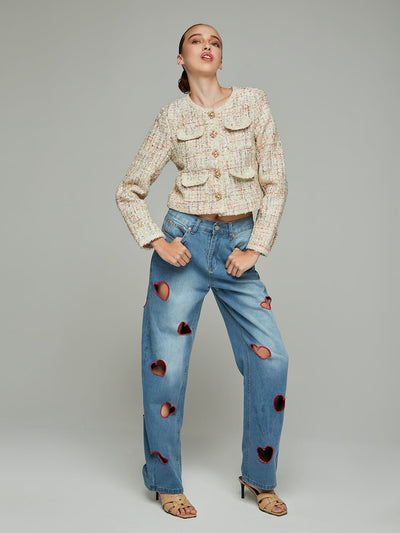 Kelley Heart-Ripped Straight Denim Pants