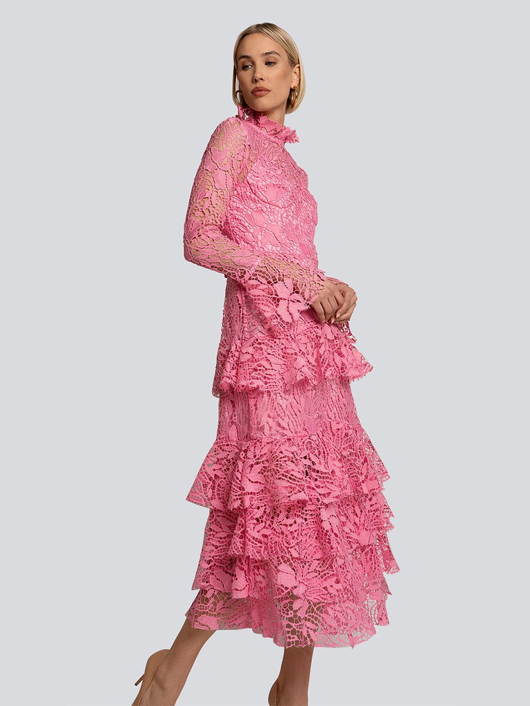 Lauren Tiered Lace Long Sleeve Turtleneck Midi Dress - Glory Connection