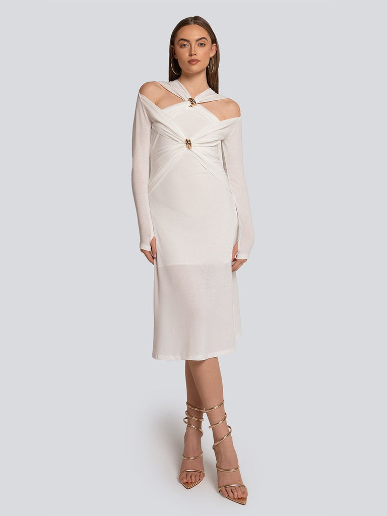 Layla Off Shoulder Zip BackTwist Midi Dress - Glory Connection