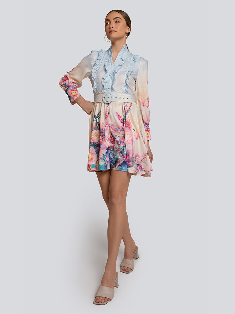 Lea Pastel Floral Print Ruffle Sleeve Mini Dress - Glory Connection