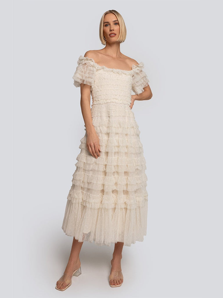 Leah Tiered Ruffle Off Shoulder Midi Dress - Glory Connection