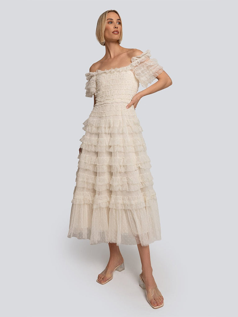 Leah Tiered Ruffle Off Shoulder Midi Dress - Glory Connection