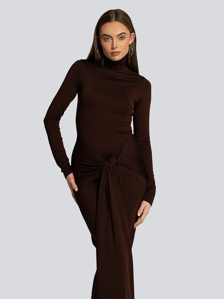 Lindsey Turtleneck Front Knot Detail Maxi Dress - Glory Connection