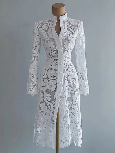 Livia Pearl Button Lace Long Coat