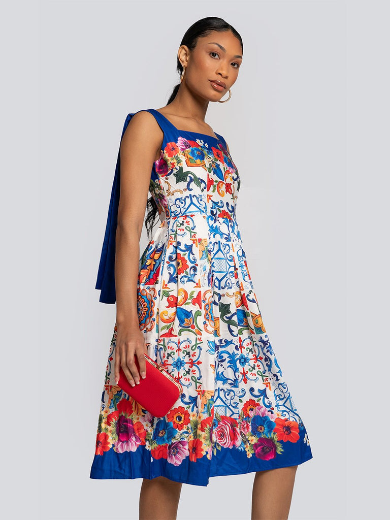 London Floral Patterned Bow Strap Midi Dress - Glory Connection
