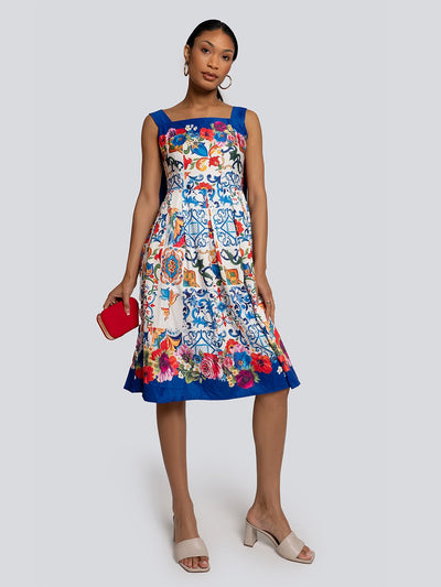 London Floral Patterned Bow Strap Midi Dress